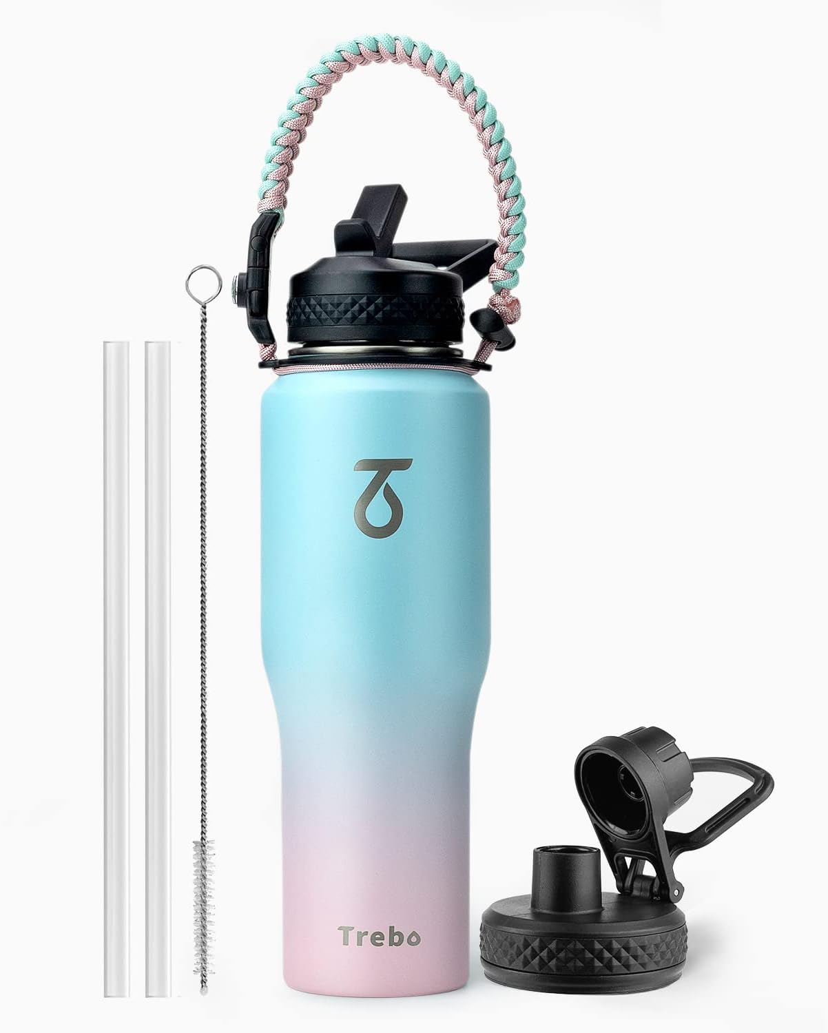 Trebo 40 oz Water Bottle Insulated Fit Car Cup Holder with Handle, Stainless Steel Water Bottles Tumbler with Spout Straw Lids, Double Wall Travel Reusable Flask, Leakproof Mug,Keep Cold &Hot,Black