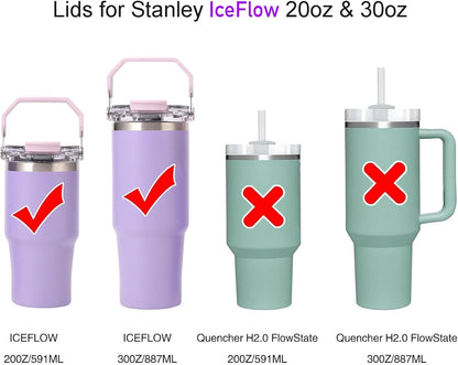 30oz & 20oz Replacement Lid for Stanley IceFlow Stainless Steel Tumbler，2 PCS Spill Proof Tumbler Cover with Handle & 2-in-1 Flip Straw Spout，Leak-Proof Splash Resistant (Grey)