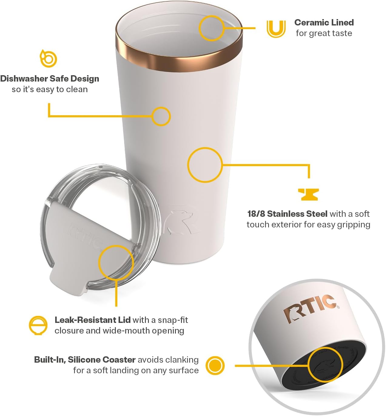 RTIC 18oz Happy Hour Pint Tumbler with Lid, Insulated, Ceramic Lined, Stainless Steel Metal, Portable Travel Cup for Hot and Cold Drink, Black Cherry