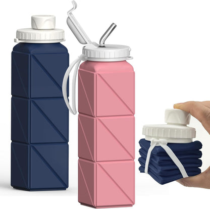 BEAUTAIL Collapsible Water Bottles 20.6oz (610 ml) 2 Pack, Silicone Foldable Portable Travel Water Bottle, BPA-free, Reusable Leakproof for Traveling Camping Hiking Cycling Sports Outdoor (Blue+DKBL)