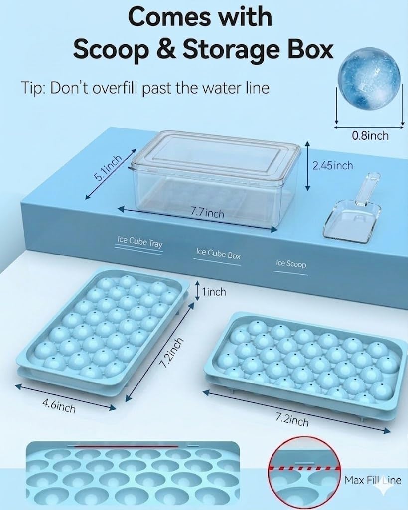 Ice Cube Trays with Lid and Bin, BPA-Free Mini 0.8 Inch Sphere Ice Molds, 2-Pack Small Round Ice Ball Trays, Easy Release, Includes Scoop & Ice Storage Box for Cocktails, Coffee