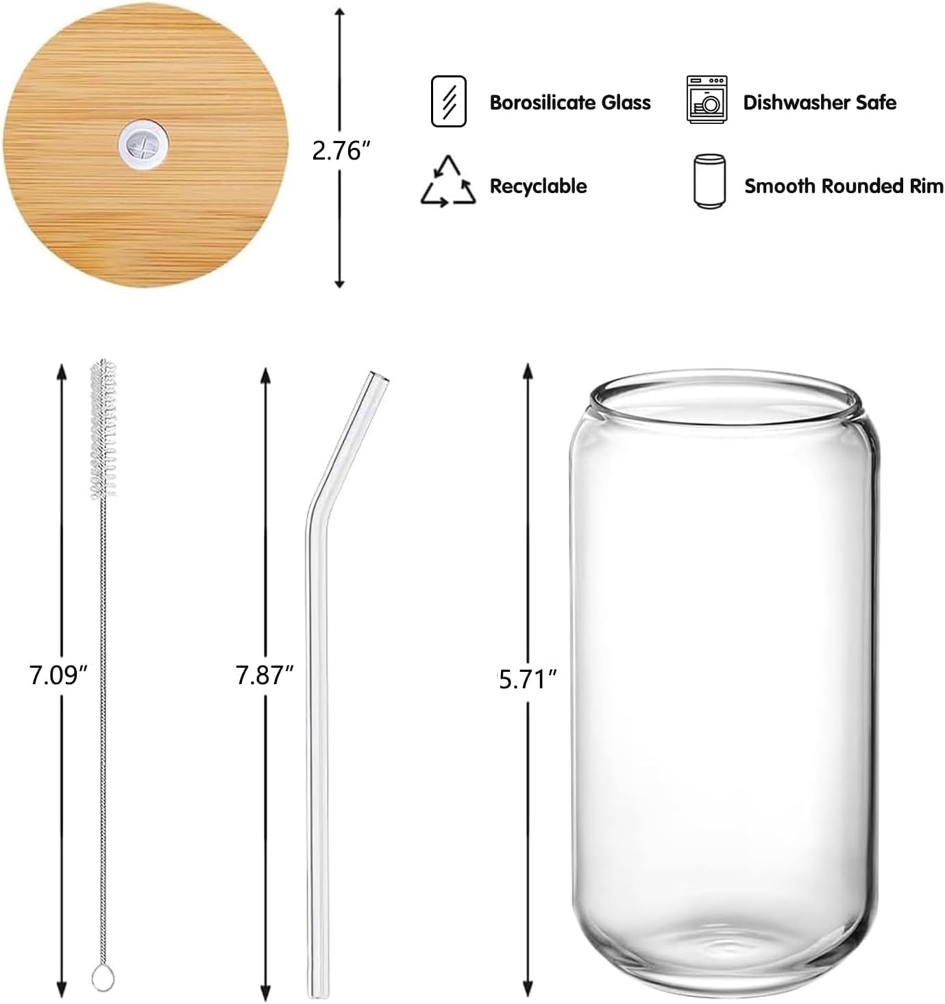Glass Cups with Lids and Straws 1Pack,Glass Coffee Cups,Glass Cup with Lid for Iced Coffee,Smoothie,Cocktail,Beer,Whiskey,Soda,Matcha,16 Oz Glass Cup with Bamboo Lid,1 Brush