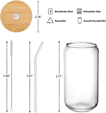 Glass Cups with Lids and Straws 1Pack,Glass Coffee Cups,Glass Cup with Lid for Iced Coffee,Smoothie,Cocktail,Beer,Whiskey,Soda,Matcha,16 Oz Glass Cup with Bamboo Lid,1 Brush