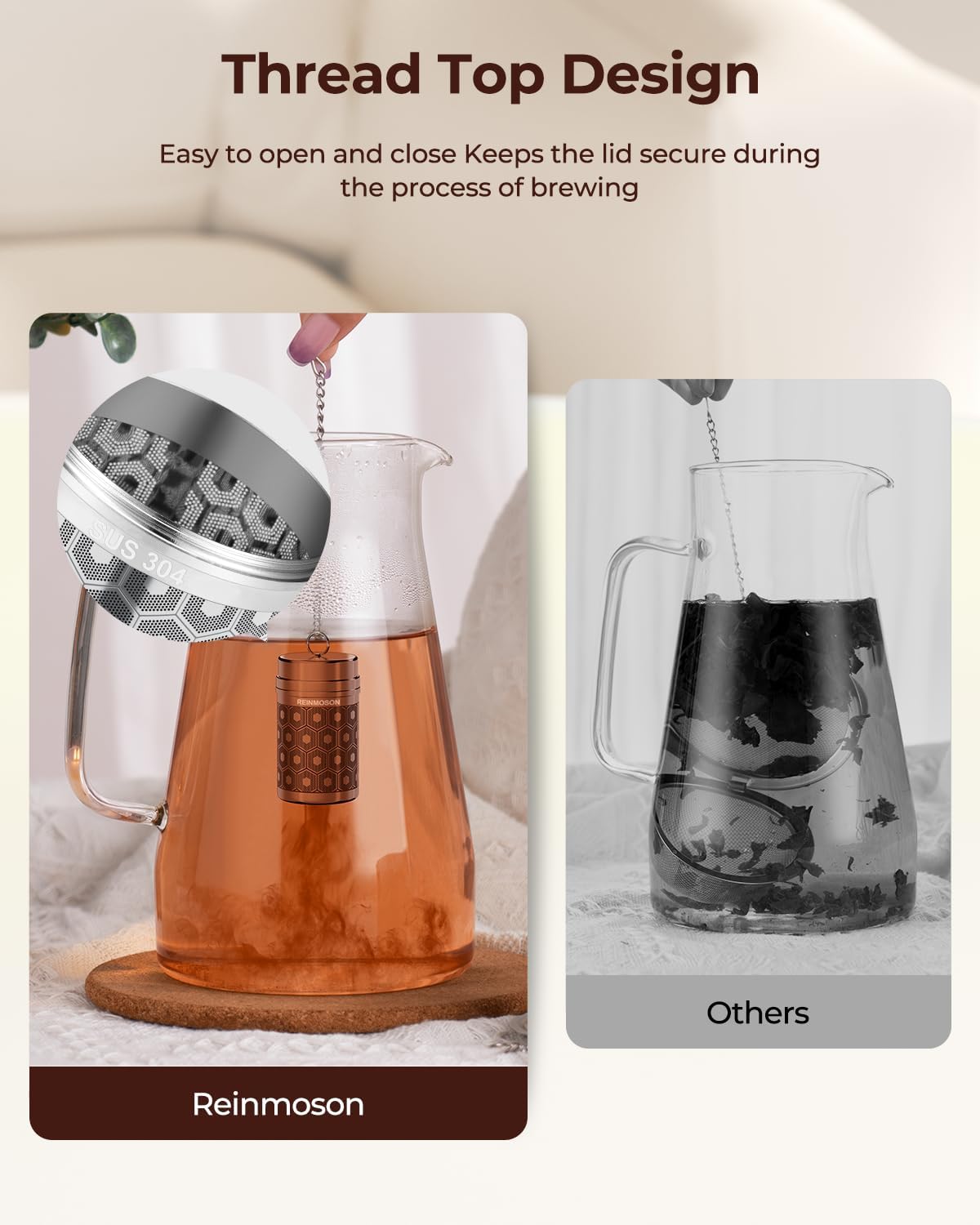 Reinmoson Tea Strainers for Loose Tea, Extra Fine Mesh Tea Infuser, 304 Stainless Steel & Updated Slim Threaded Lid, Loose Leaf Tea Steeper for Black Tea, Rooibos, etc