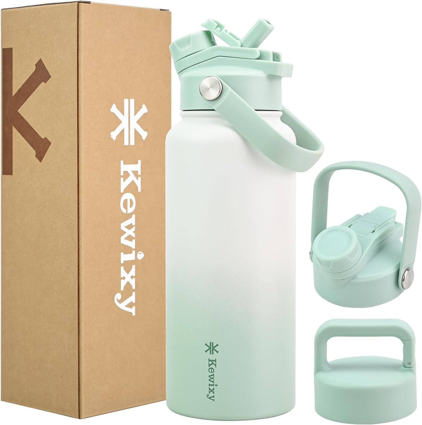 KEWIXY 32 oz Insulated Water Bottle, 2-in-1 Lid, Straw & Spout with Protected, Leak Proof, Keep Cold, Stainless Steel, Metal, Reusable, Handle, for Outdoor, Gym and School, 2 Lids, Blush Pink