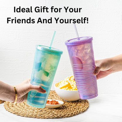 bzyoo SIP 24oz (710ml) Double Wall Plastic Tumbler with Lid and Straw Cold Drink Travel Mug Reusable Party Cup Perfect for Office Ice Coffee or Tea and Gift Color: Pink & Purple