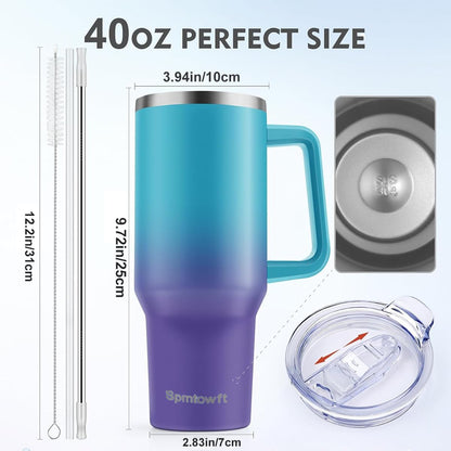 40oz Stainless Steel Double Vacuum Tumbler with Handle, Straw Lid, Carrier Bag, Purse Pouch Phone Pocket, Gym Water Bottle Travel Mug and Sleeve Holder for Men Women (Black)