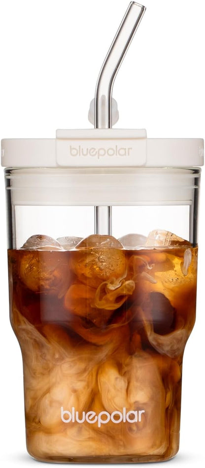 BLUEPOLAR 16oz/480ml Iced Coffee Cups With Lids And Straws,Reusable Leakproof Glass Tumbler,Water Bottles,Cold Brew,Drinking Jars For Juicing,Matcha,Tea,Smoothie For Travel,Office (Off-White)