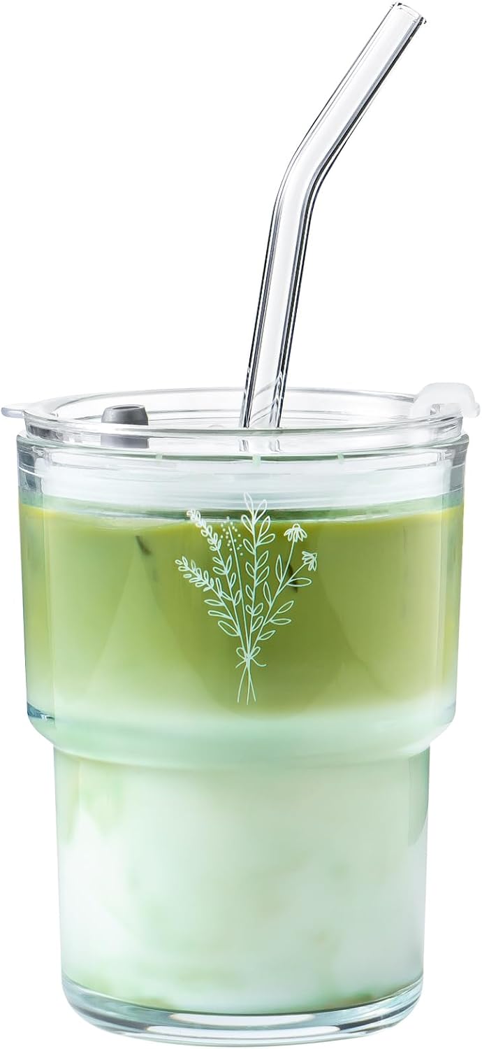 Olvini 13oz Glass Tumbler with Straw and Lid, Reusable Iced Coffee Cup Tumbler, Cute Glass Cups for Water, Matcha, Travel Coffee Mugs (Daisy)