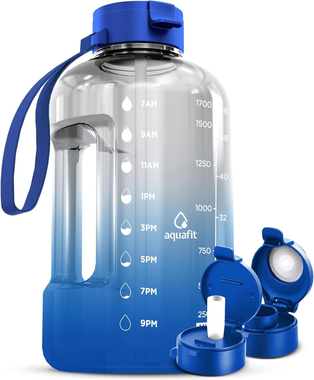 AQUAFIT 64 oz Water Bottle with Time Marker - Straw & Chug Lid - BPA Free Half Gallon Gym Water Bottle with Handle - Big Gallon Jug (Gray, 64 Ounces)