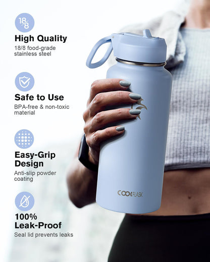 Half Gallon Water Bottle Insulated with Straw & 3 Lids, Coolflask 64 oz Water Jug Large Metal Stainless Steel Wide Mouth for Sports, Gym or Office, Non-BPA Keep Cold 48H Hot 24H, Samurai Cyan