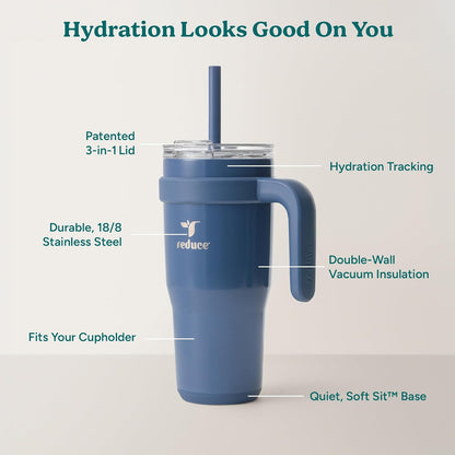 REDUCE 24 oz Stainless Steel Tumbler with Handle - Dual-Wall Vacuum Insulated Travel Mug, Sweat-Proof Lid & Reusable Straw - Keeps Drinks Cold for 24 Hrs, Fits Cupholders, Dishwasher Safe - Lilac Bud