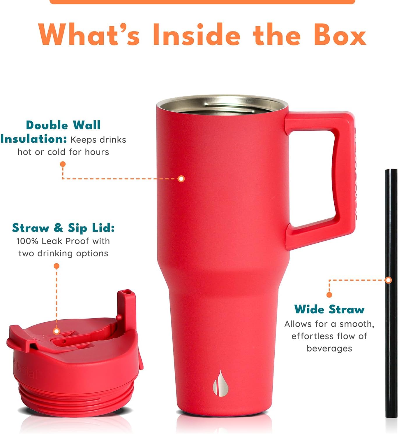 Elemental 32 oz 100% Leak Proof Tumbler with Handle & Straw - Stainless Steel Double Wall Insulated Tumbler for Hot and Cold Beverages - Travel Coffee Mug with Sip & Straw Lid - White - Colors A