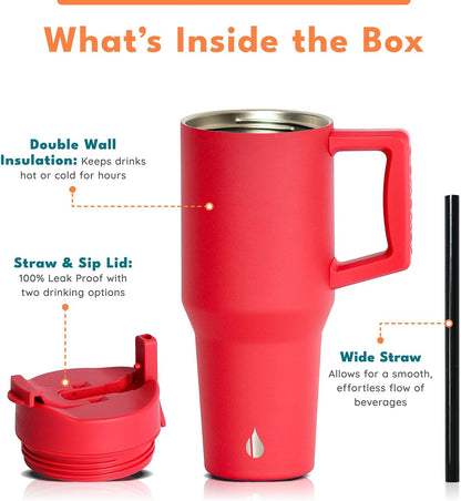 Elemental 32 oz 100% Leak Proof Tumbler with Handle & Straw - Stainless Steel Double Wall Insulated Tumbler for Hot and Cold Beverages - Travel Coffee Mug with Sip & Straw Lid - White - Colors A