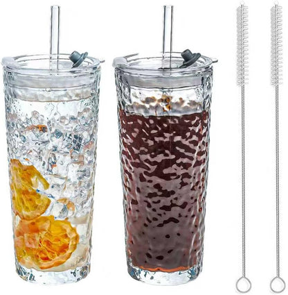 SUROQUE 20oz Ribbed Glass Tumblers with Lids & Straws, Ideal for Iced Coffee, Cocktails & More - Includes Cleaning Brush