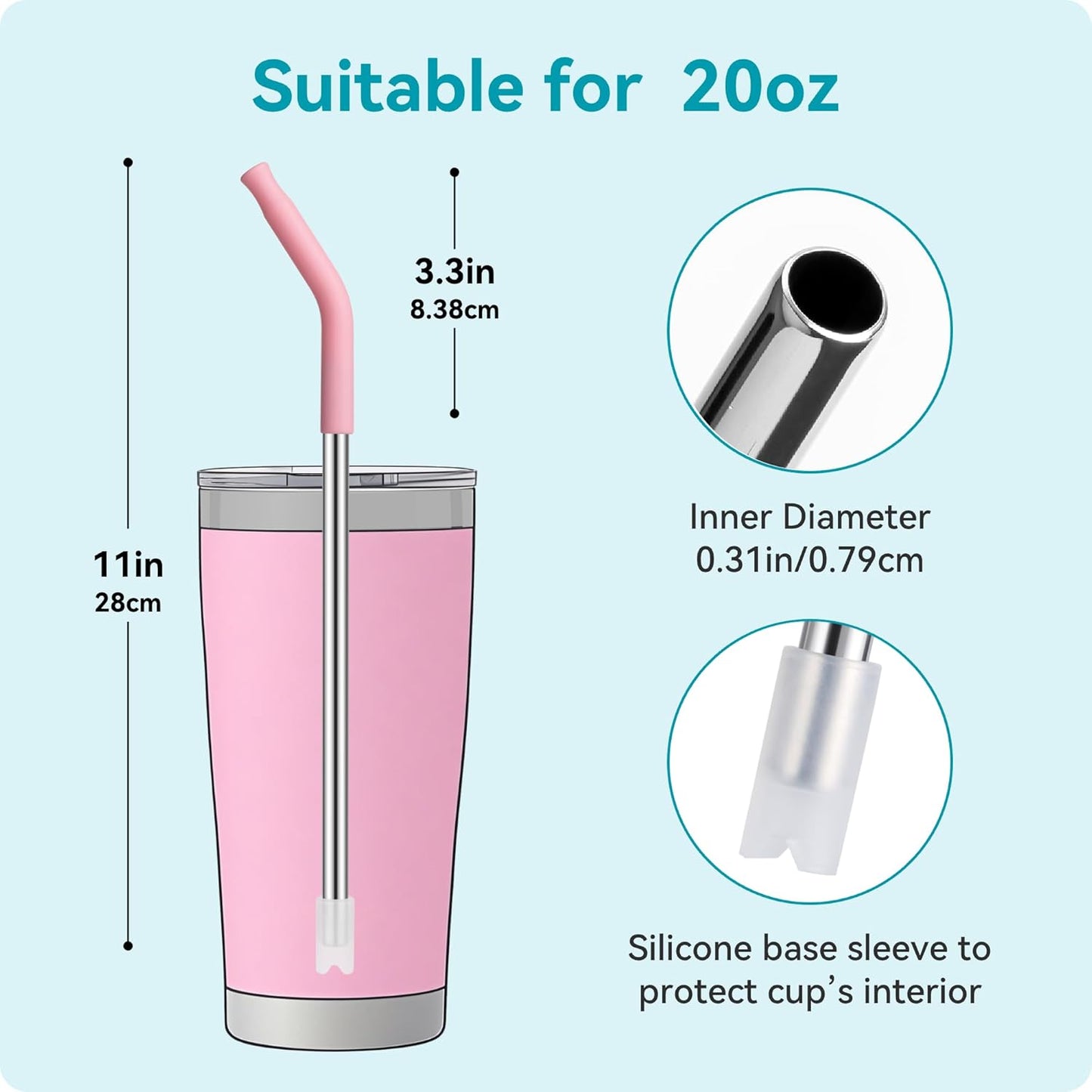 40 oz Straight Metal Straws for 40 oz Stanley Tumbler, 6 Pcs Stainless Steel Reusable Drinking Metal Straw with Colourful Silicone Tips,Straw for Glass Cups, BPA FREE