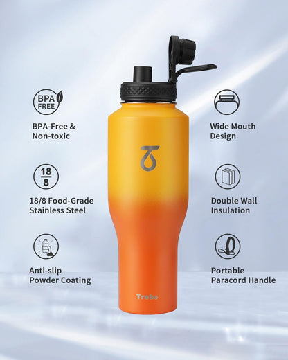 Trebo 40 oz Water Bottle Insulated Fit Car Cup Holder with Handle, Stainless Steel Water Bottles Tumbler with Spout Straw Lids, Double Wall Travel Reusable Flask, Leakproof Mug,Keep Cold &Hot,Black