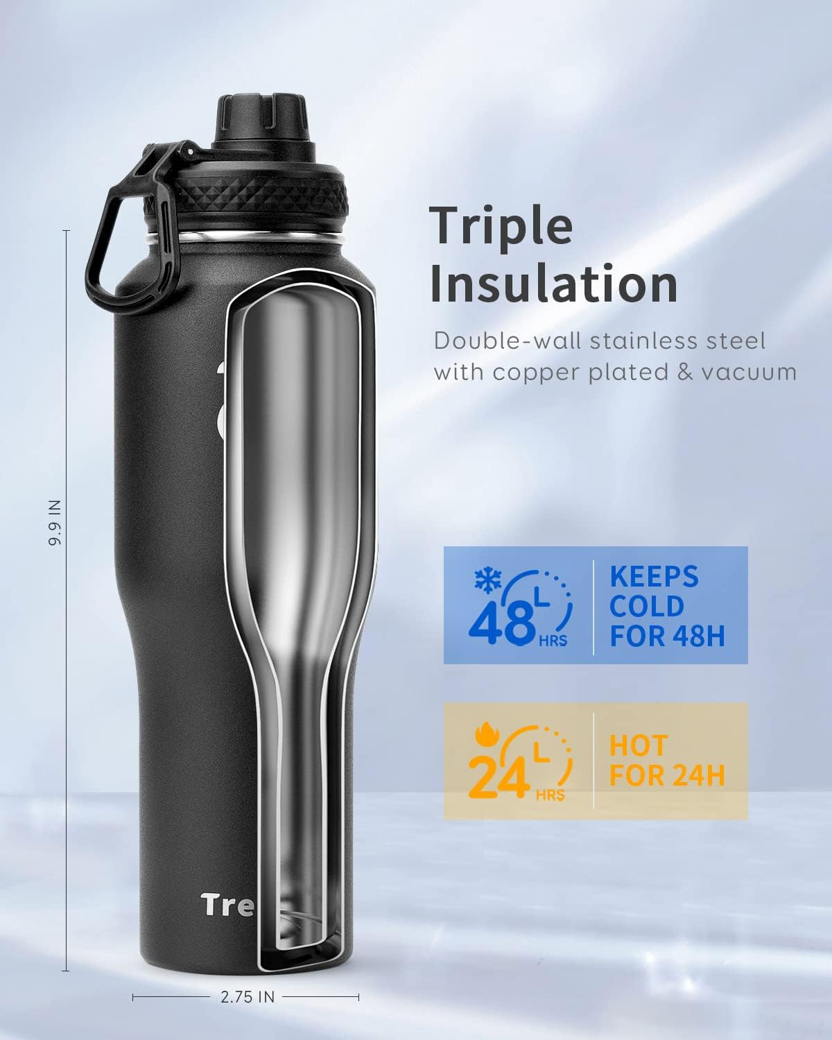 Trebo 40 oz Water Bottle Insulated Fit Car Cup Holder with Handle, Stainless Steel Water Bottles Tumbler with Spout Straw Lids, Double Wall Travel Reusable Flask, Leakproof Mug,Keep Cold &Hot,Black
