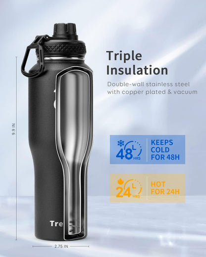 Trebo 40 oz Water Bottle Insulated Fit Car Cup Holder with Handle, Stainless Steel Water Bottles Tumbler with Spout Straw Lids, Double Wall Travel Reusable Flask, Leakproof Mug,Keep Cold &Hot,Black