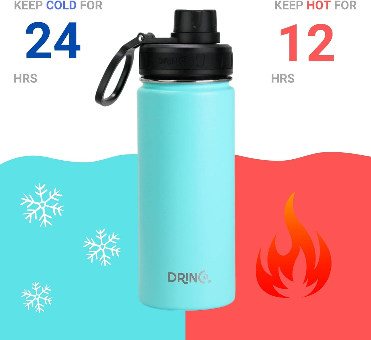 Drinco Stainless Steel Water Bottle Spout Lid Vacuum Insulated Double Wall Water Bottle Wide Mouth (40oz 32oz 22oz 18oz 14oz) Leak Proof Keep Cold Sport Camping Hiking (22 oz, 22oz Black)