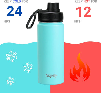Drinco Stainless Steel Water Bottle Spout Lid Vacuum Insulated Double Wall Water Bottle Wide Mouth (40oz 32oz 22oz 18oz 14oz) Leak Proof Keep Cold Sport Camping Hiking (22 oz, 22oz Black)