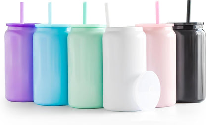 6 Pack Glass Cups with Lids and Straws Unbreakable 16 oz Stainless Steel Can Cup Double Wall Insulated Beer Can Tumbler for Iced Coffee, Juice, Soda, Matte-Colored