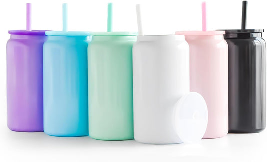 6 Pack Glass Cups with Lids and Straws Unbreakable 16 oz Stainless Steel Can Cup Double Wall Insulated Beer Can Tumbler for Iced Coffee, Juice, Soda, Matte-Colored