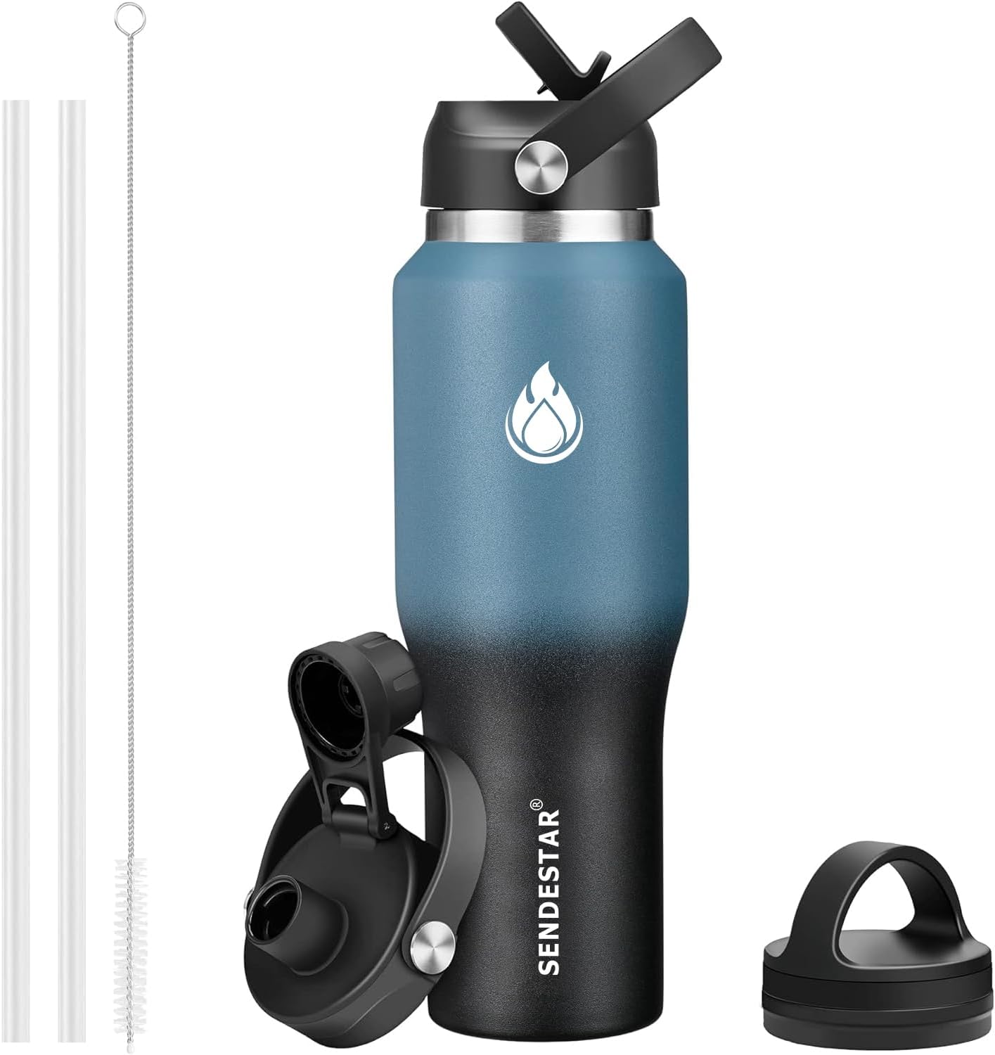 SENDESTAR 40oz Water Bottle Wide Mouth Stainless Steel Vacuum Insulated Double Wall with Straw Lids Fit in Any Car Cup Holder