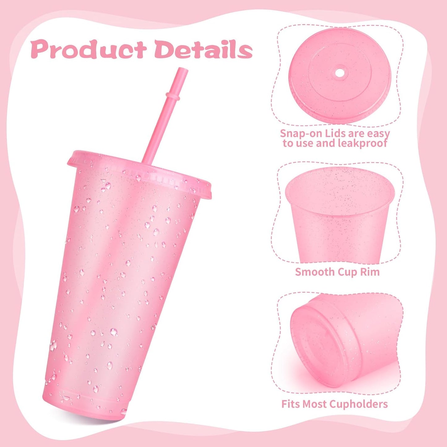 Hxezoc 16-Piece Reusable Cups with Lids and Straws, 24 oz Glitter Plastic Tumbler Iced Coffee Cups Travel Mug Cup for Smoothie Juices Beach or Bachelor Party (Black)