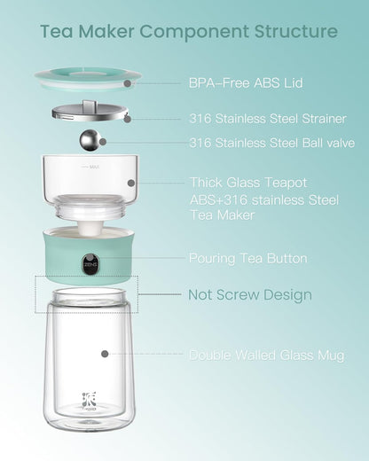 ZENS Modern Glass Infuser Teapot, One Touch Tea Maker for Loose Leaf Tea with Insulated Mug and Portable Case. Enchanted Pot Alternatives for Tea Lover Gifts