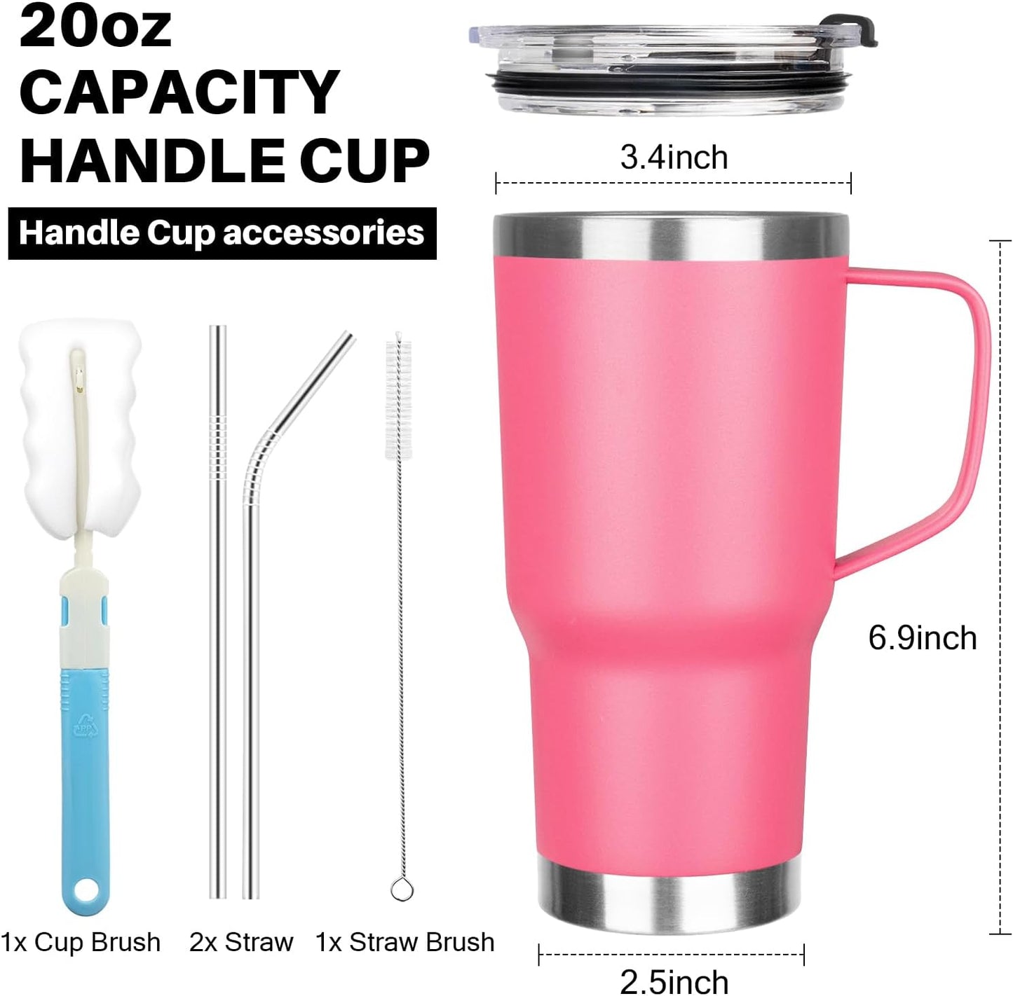 20 oz Tumbler with Handle, Stainless Steel Insulated Tumbler with Lid and Straw, Double Wall Vacuum Coffee Mug Tumbler, Insulated Coffee Thermal Cup for Cold and Hot (Light Purple)
