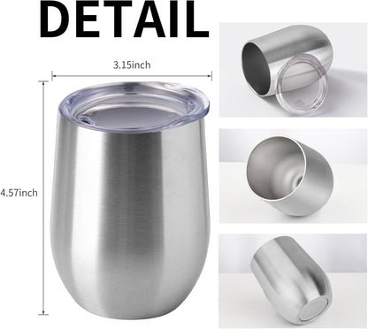 12oz/4 Pack Wine Tumbler Glasses with Lid Stemless Double Wall Vacuum Stainless Steel Travel Tumbler Keeping Cold & Hot for Wine,Coffee,Cocktails,Drinks-Family and Gifts (Multi color-dark)