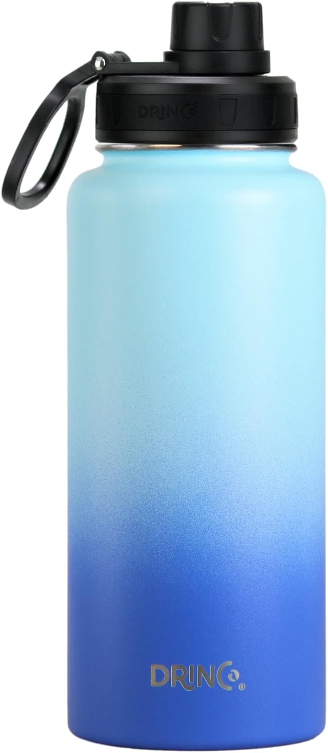 Drinco Stainless Steel Water Bottle Spout Lid Vacuum Insulated Double Wall Water Bottle Wide Mouth (40oz 32oz 22oz 18oz 14oz) Leak Proof Keep Cold Sport Camping Hiking (22 oz, 22oz Black)