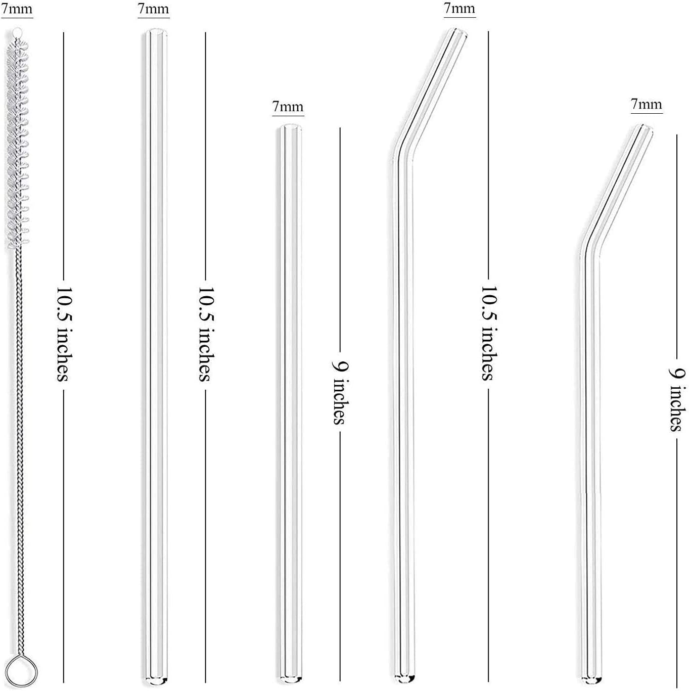 ALINK 8-Pack 7mm Slim Glass Straws, Reusable Clear Skinny Drinking Straws for 20 oz 30 oz RTIC/YETI Tumblers, Tervis, Mason Jars with 2 Cleaning Brush