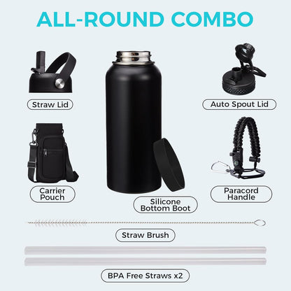 32/40/64OZ Insulated Water Bottle - Keep Cold 48H Hot 24H, Combo Straw/Spout Lids, Paracord Handle for Gym/Hiking, Carrier Bag +Strap, Cup Mat, BPA-Free Stainless Steel Flask Jug