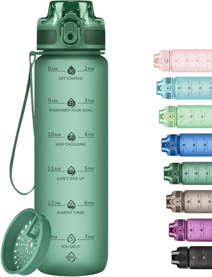 32oz Water Bottle with Time Marker, Motivational Drinking Bottle with Strap, BPA-Free Leak-Proof, Encouraging Water Bottle Time to Drink Water for Gym School Office Travel