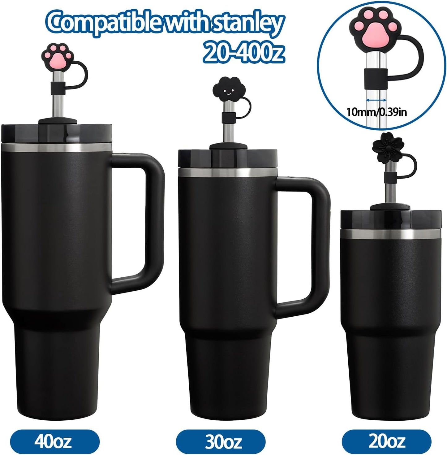 6PCS Silicone Straw Covers Cap Compatible with Stanley Cup 30-40 oz Tumbler with Handle 10mm Straw Toppers，Dust-Proof Reusable Straw Cover for Stanley Cup Accessories (Black)