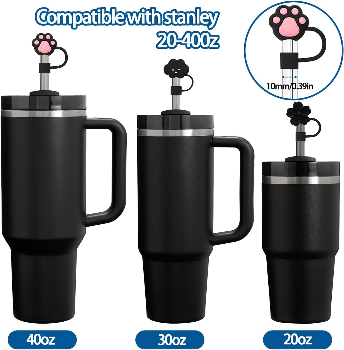 6PCS Silicone Straw Covers Cap Compatible with Stanley Cup 30-40 oz Tumbler with Handle 10mm Straw Toppers，Dust-Proof Reusable Straw Cover for Stanley Cup Accessories (Black)