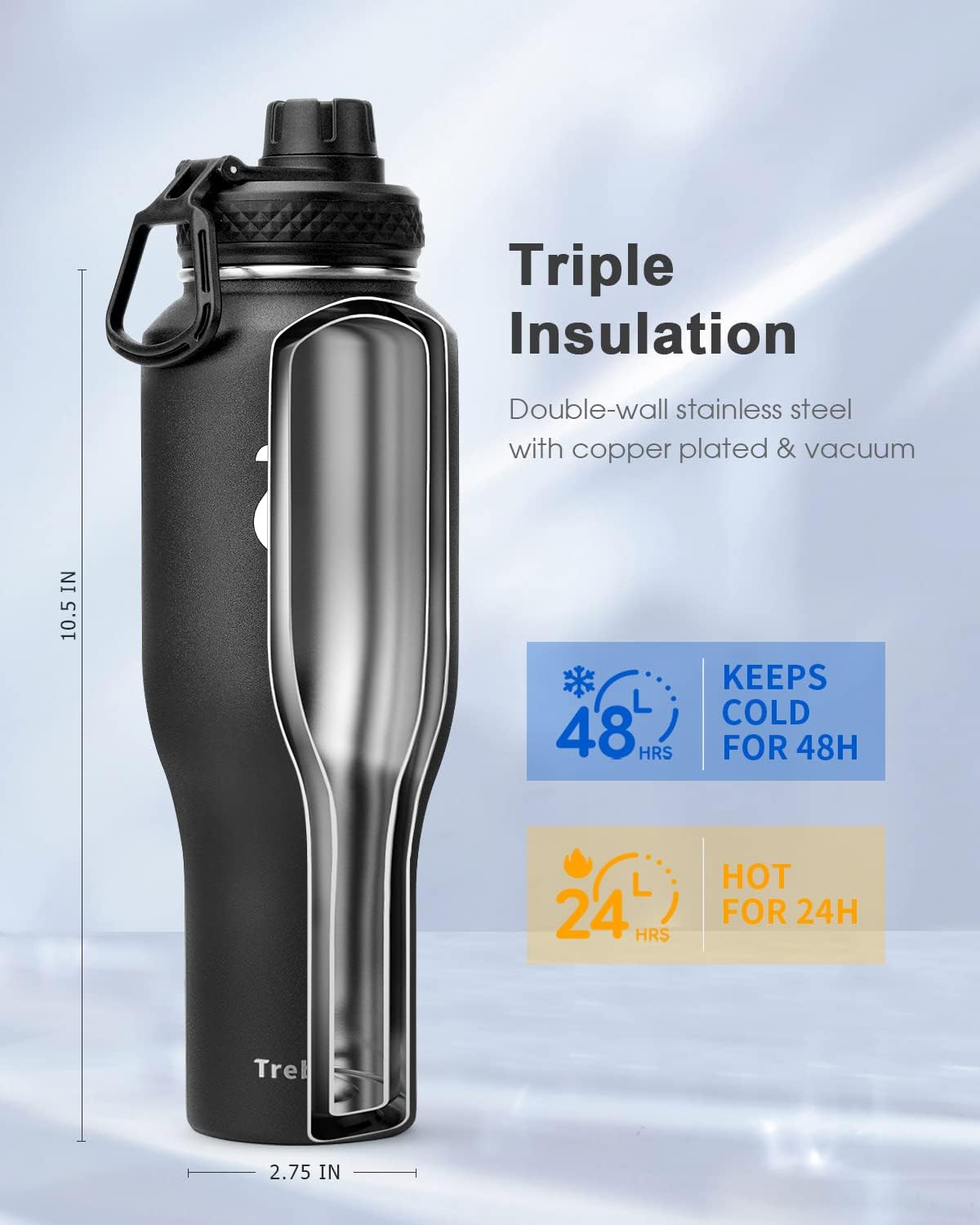 Trebo 40 oz Water Bottle Insulated Fit Car Cup Holder with Handle, Stainless Steel Water Bottles Tumbler with Spout Straw Lids, Double Wall Travel Reusable Flask, Leakproof Mug,Keep Cold &Hot,Black