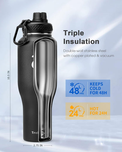 Trebo 40 oz Water Bottle Insulated Fit Car Cup Holder with Handle, Stainless Steel Water Bottles Tumbler with Spout Straw Lids, Double Wall Travel Reusable Flask, Leakproof Mug,Keep Cold &Hot,Black