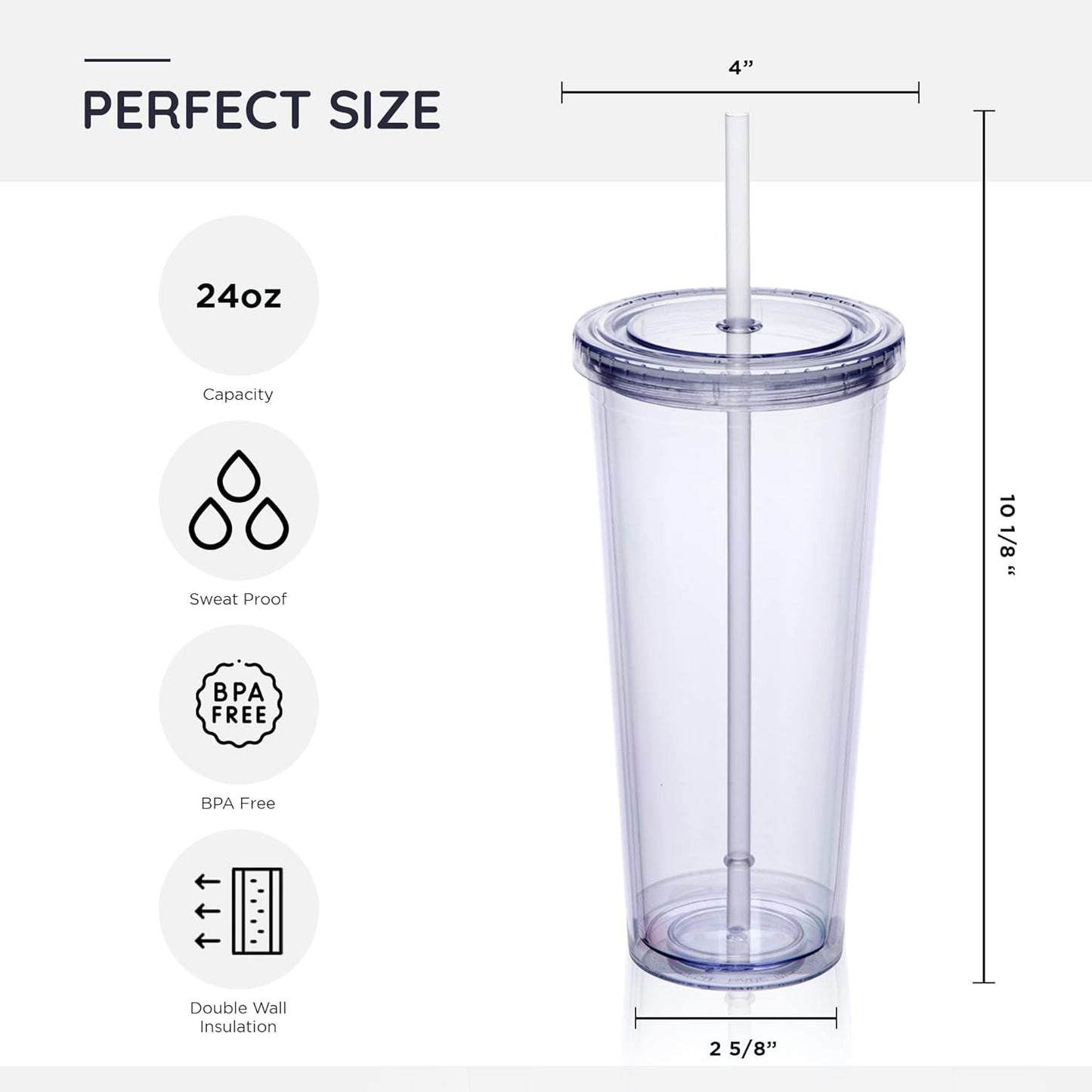 24oz Double Wall Plastic Tumblers with Lids and Straws | Large Classic Travel Tumbler | 4 Pack Set of 4 | Clear Reusable Cups with Straws | BPA Free