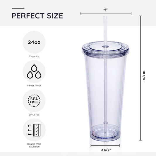 24oz Double Wall Plastic Tumblers with Lids and Straws | Large Classic Travel Tumbler | 4 Pack Set of 4 | Clear Reusable Cups with Straws | BPA Free