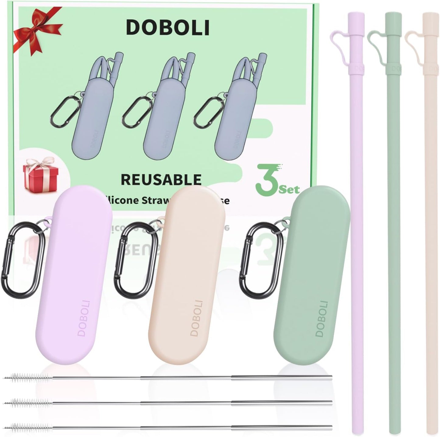Doboli Reusable Straws with Case,12 inch Long Silicone Reusable Straws with Case, Portable Straw Foldable Drinking Travel Straw, Compatible with Stanley Owala 40 oz 30 oz Cup Tumbler 3 Set