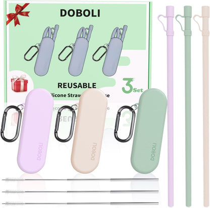 Doboli Reusable Straws with Case,12 inch Long Silicone Reusable Straws with Case, Portable Straw Foldable Drinking Travel Straw, Compatible with Stanley Owala 40 oz 30 oz Cup Tumbler 3 Set