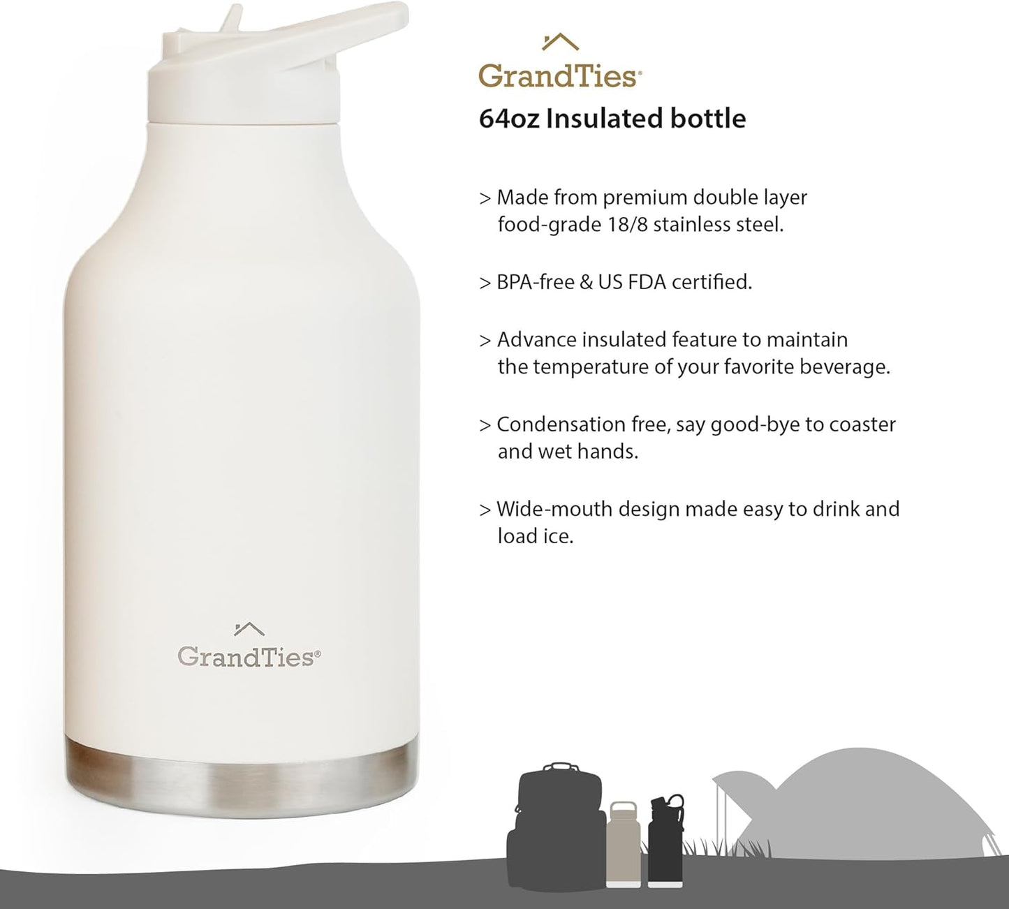 GRANDTIES 2 Lids Sports Stainless Steel Water Bottles – Wide Mouth Vacuum Insulated Reusable Leak Proof BPA-Free Travel Metal Canteen, Thermal Bottles for Men Women Gym (Ivory White 32 oz)