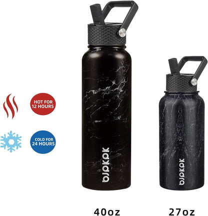 BJPKPK Insulated Water Bottles with Straw Lid, 40oz Stainless Steel Water Bottles with 3 Lids, BPA Free Leakproof Thermo, Tumblers, Cups for Sports, Gym- Midnight - Colors A