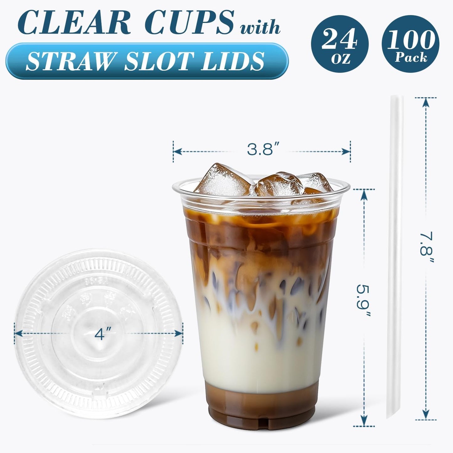 Ginkgo 32 oz Clear Plastic Cups with Lids and Jumbo Straws, Disposable To Go Iced Coffee Cups for Smoothie, Boba Milk Tea - 50 Pack