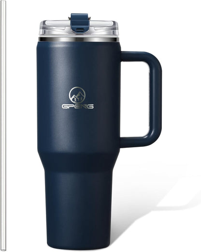 Gpeng 30/40/50 oz Tumbler with Handle, Water Bottles with Straw Lid, Insulated Stainless Steel Travel Mug Cup Holder Friendly, Keep Drinks Cold or Hot for Hours (LightGrey, 50 oz)