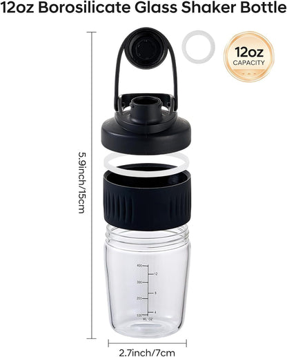 16oz Glass Shaker Bottle for Protein, Small Borosilicate Glass Protein Powder Leak-Proof Shaker Cup Mixes with 304 Blending Ball(16oz,Black)