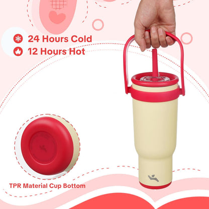 Konokyo 30 oz Tumbler with Side Handle, Insulated Water Bottle with Straw and 2 in 1 Lid, Stainless Steel Cup Travel Coffee Mug for Sports Office Gym,Purple